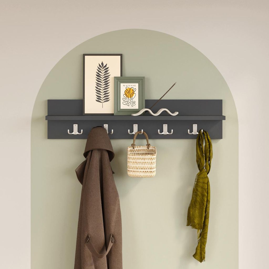 LUNOR Leon Wandgarderobe mit Ablage – 80 cm – Anthrazit / Grau Holzoptik – 5 Doppelhaken (10 Haken) – Industriestil – Wandkapstok für ...
