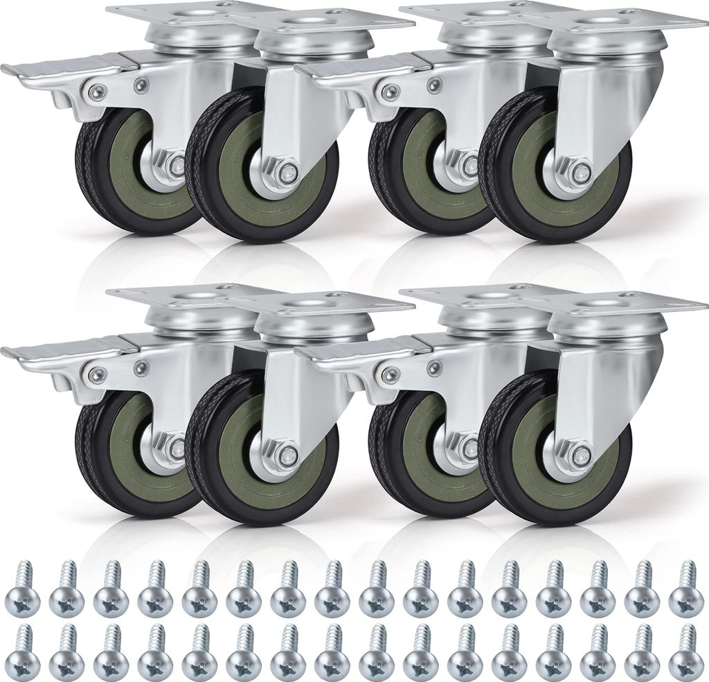 Kurtzy Lenk Rollen Schwerlast Schwarz (8Stk) - 50mm Möbelrollen Gummi Feststellbare Rollen mit Bremse, Schrauben & Metallplatten - Max. 200kg für