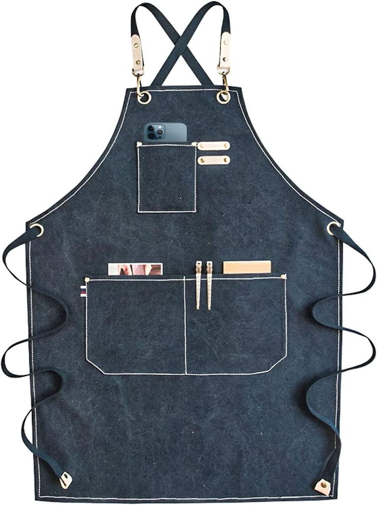Canvas Schürze Herren Damen - Denim Kochschürze mit Taschen - Grillschürze für Männer und Frauen - Lange Schürzen für Kochen arbeits Backen-...