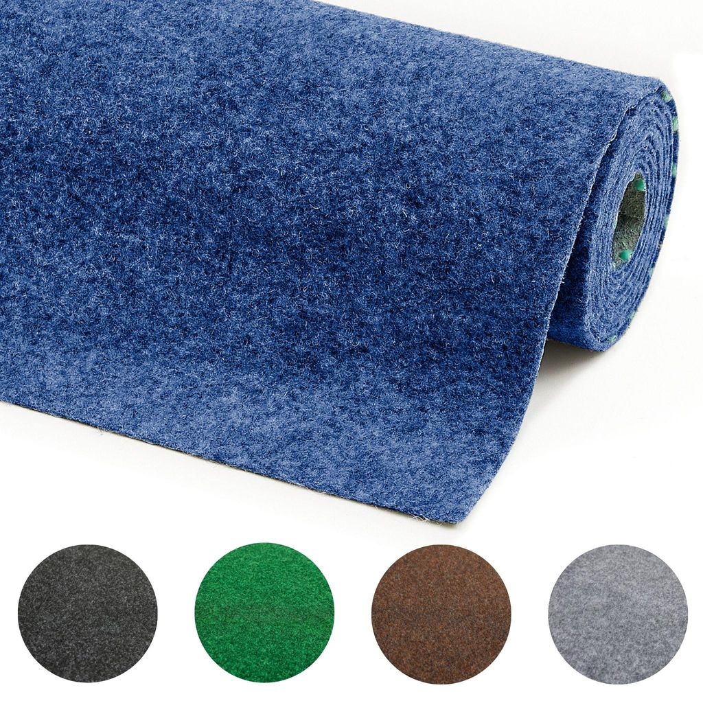 Rollenabbildung des blauen Rasenteppichs mit Farbmustern in grau, anthrazit, braun, grün