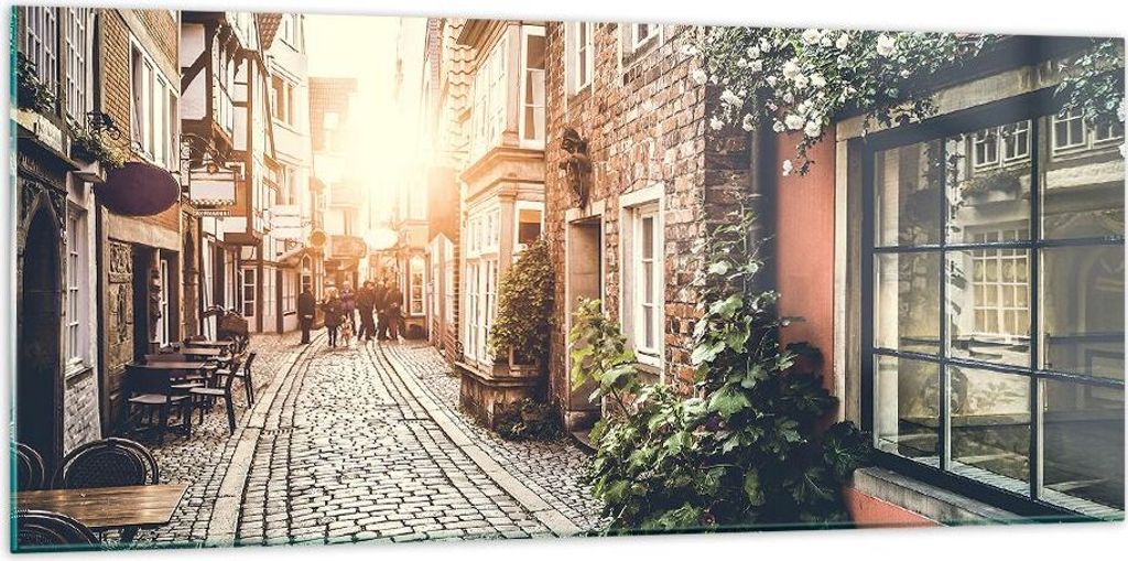 Bilder auf glas - Straße Haus Leute - 120x50cm - Glasbilder - Wandbilder - Kunstdruck - zum Aufhängen bereit - Wanddekoration aus Glas - Glas Bil...