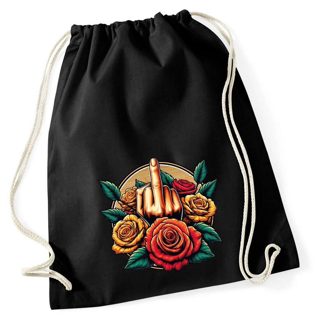 Huuraa Turnbeutel Mittelfinger Rosen 12 Liter Black Baumwolle Rucksack Geschenkidee