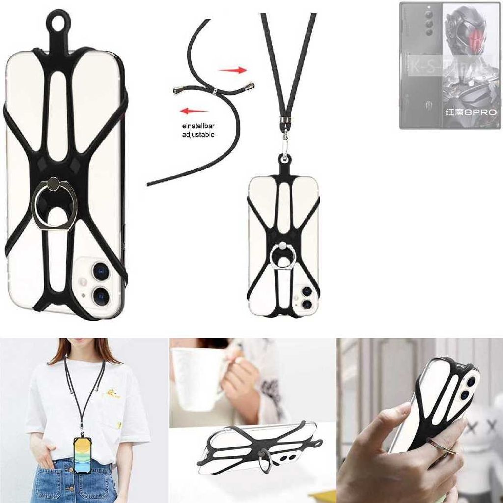 K-S-Trade 3in1 Handykette Handyband Handykordel Halsband Smartphone-Ring Handy-Ring kompatibel mit nubia Red Magic 8 Pro Global Fingerhalterung