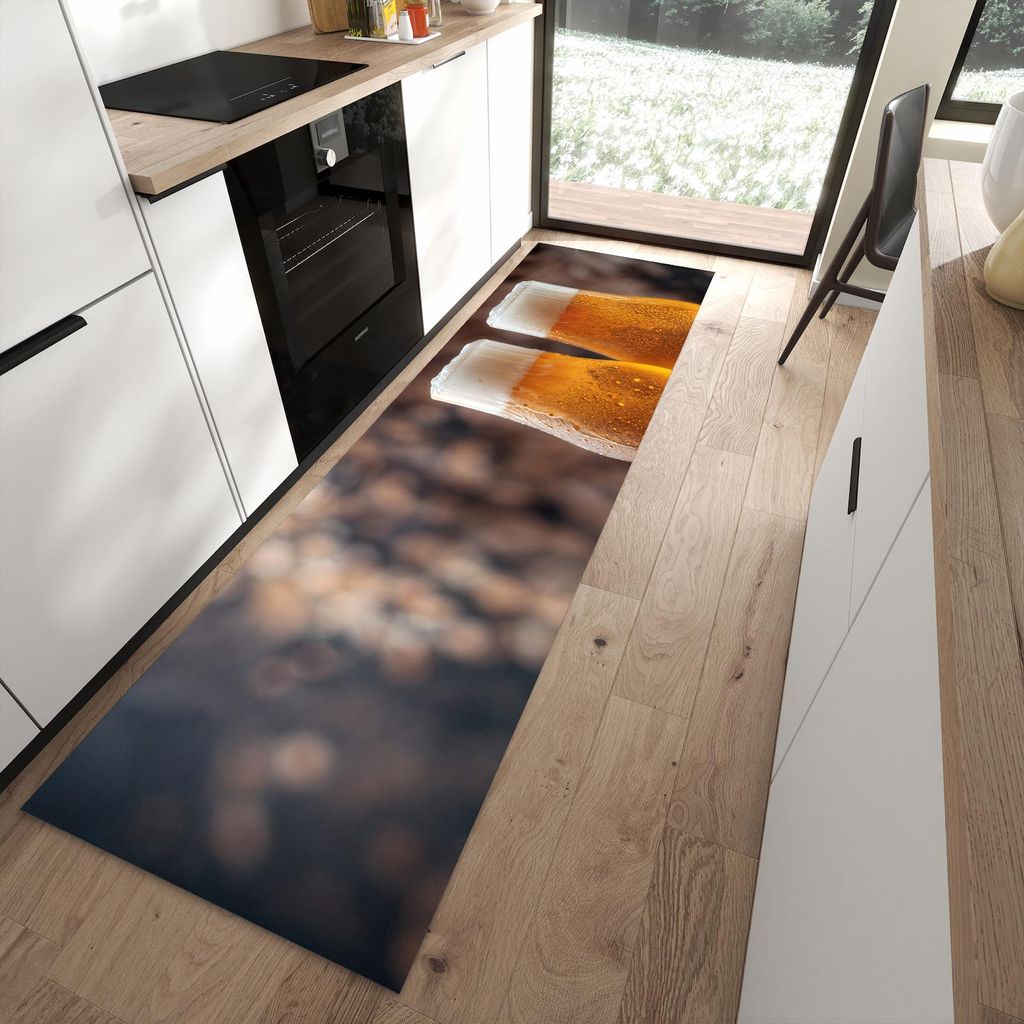 Küchenteppich 80x280cm rutschfest & abwischbar PVC Läufer - Bier auf Holz