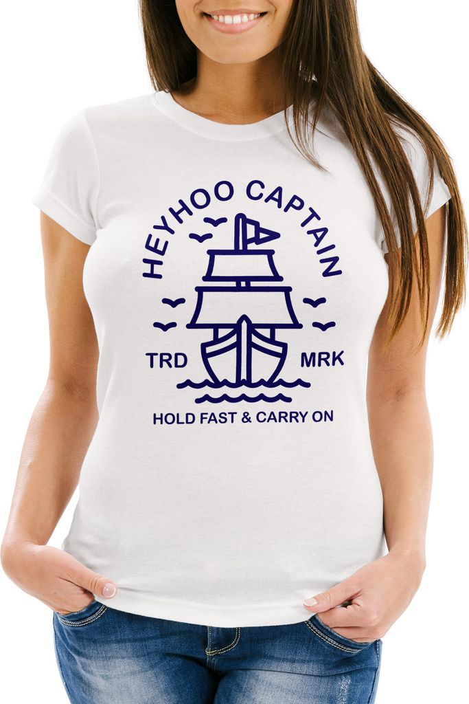 Damen T-Shirt Schiff Kapitain Segeln Captain Anker Slim Fit Neverless weiß-navy L