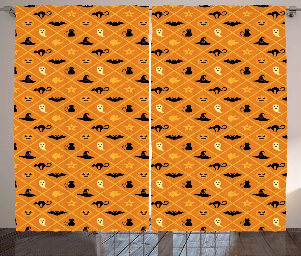 ABAKUHAUS Tenda rustica, cappello da gatto, zucca, tenda con passanti e ganci per camera da letto, 280 x 225 cm, giallo chiaro, arancione, nero