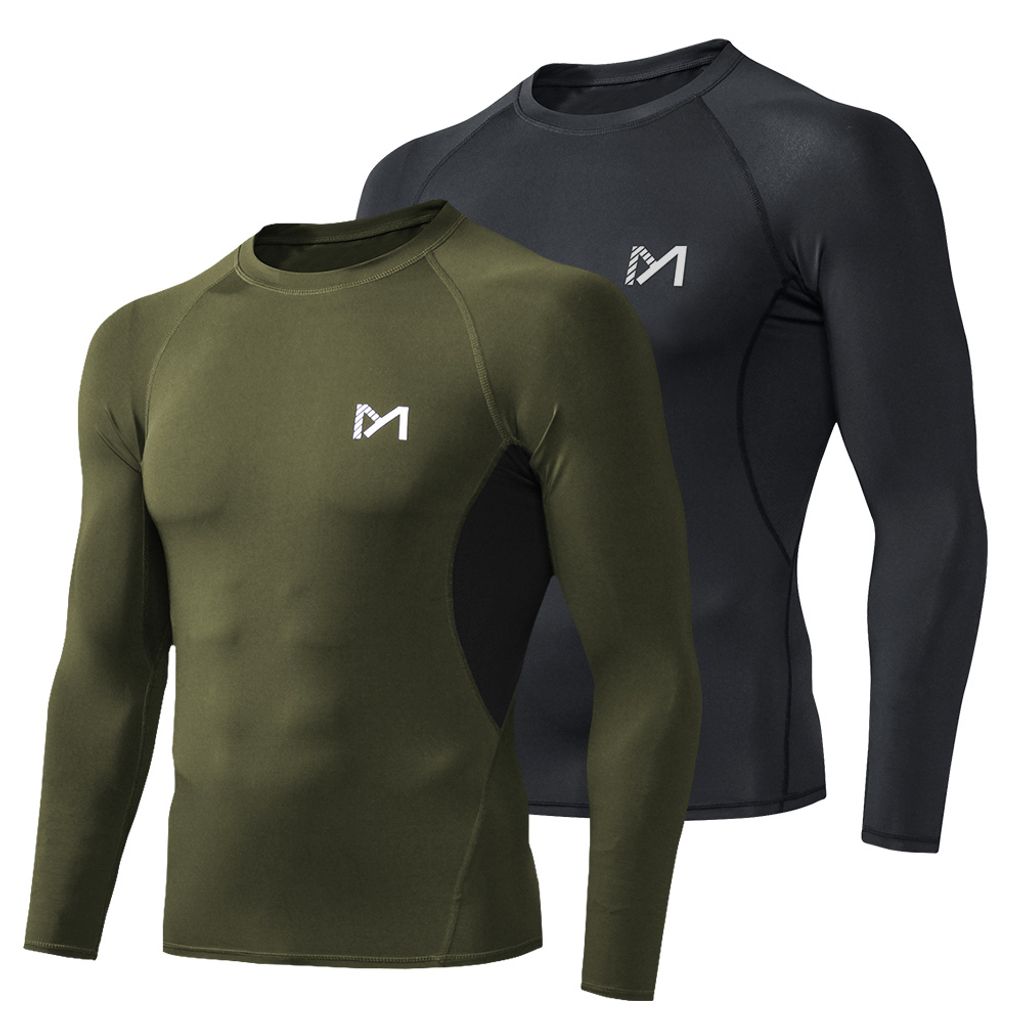 2er-Pack Herren Funktionsshirt Kompressionsshirt Langarmshirt Sport Laufshirt Tights Tops schnelltrocknend & atmungsaktiv, Muskelhemd Grün + Schwa...