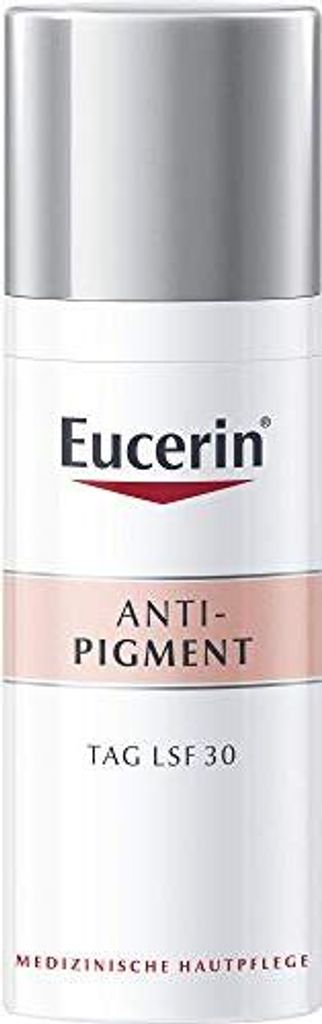 A product shot of a Eucerin Anti-Pigment day cream bottle.