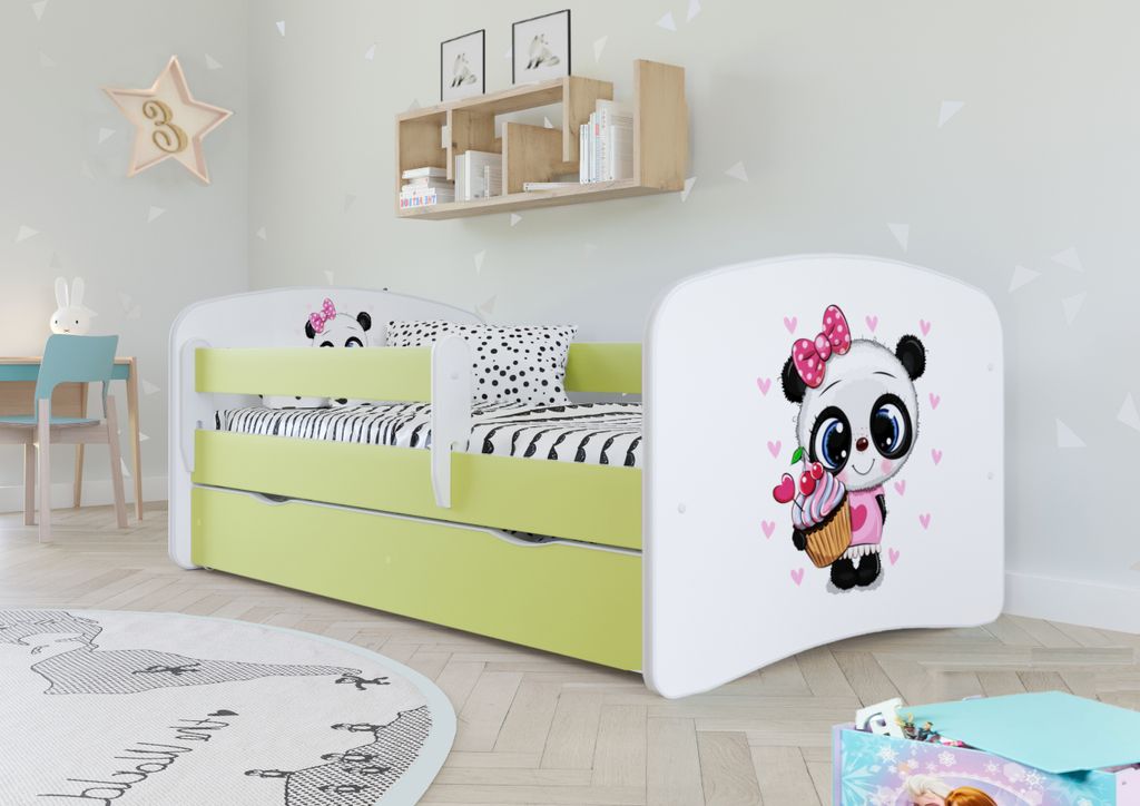 Kinderbett Jugendbett 70x140 cm Grün mit Matratze Rausfallschutz Schublade und Lattenrost Kinderbetten für Mädchen und Junge - Panda