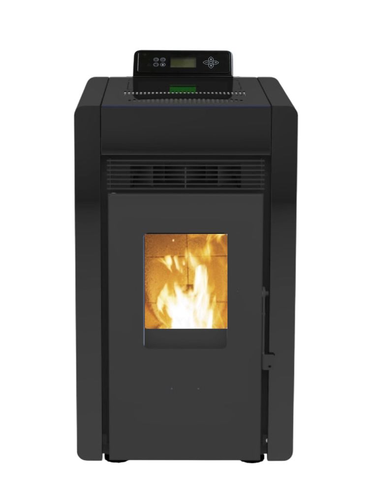 A black pellet stove with a window showing flames is shown against a white background.