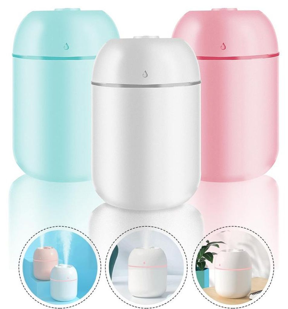 USB Luftbefeuchter 330ml 3 Stück Set Mini Verdampfer leiser Betrieb Farbset Weiß Rosa Grün für Wohnraum Büro Pflanzen