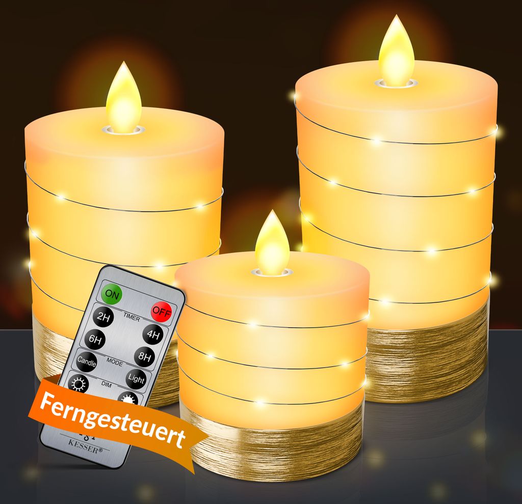 KESSER LED Kerzen 3er-Set – Flammenlose Echtwachskerzen Mit Timer & Fernbedienung, Höhen 10/12,5/15 Cm, Flackerndes LED-Licht, Dimmbar – Für Indoor & Outdoor, Sicher Und Gemütlich