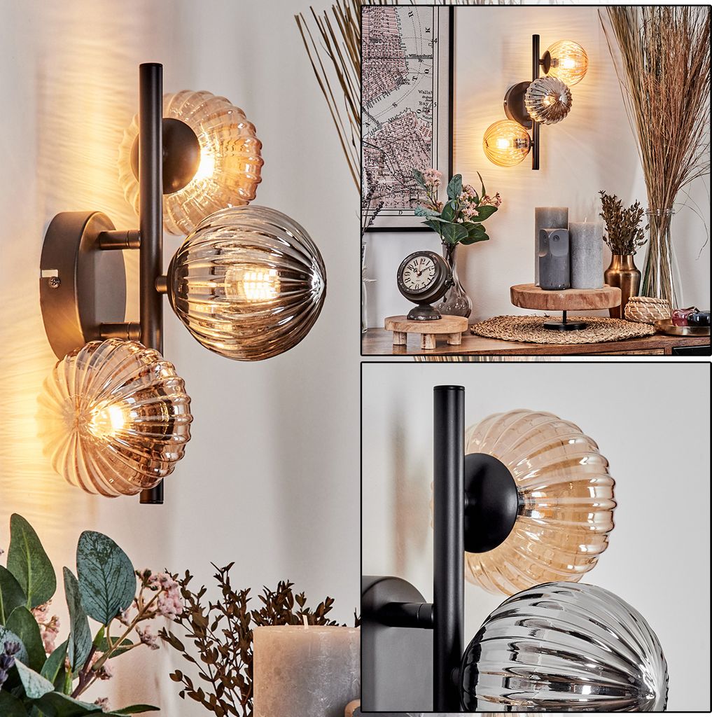 Isorella Wandlampe aus Metall/Riffelglas in Schwarz/Bernstein/Rauch