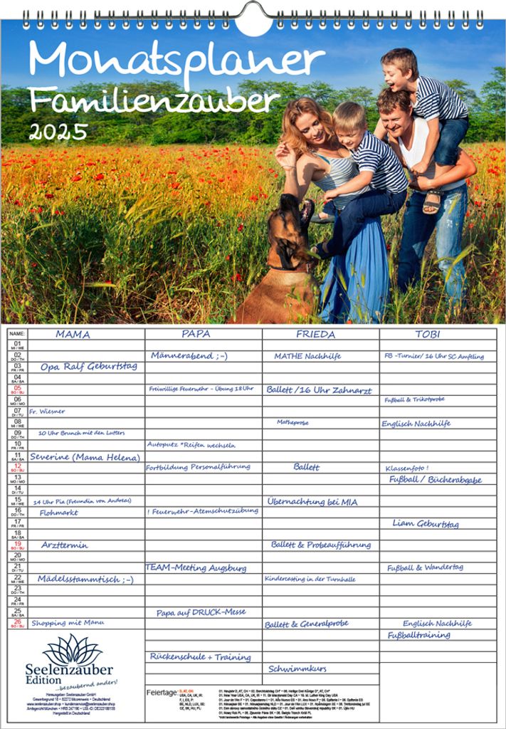 Familienzauber Planer Wandplaner Familienplaner 4 Spaltenplaner DIN A3 Kalender für 2025 Familie Kinder Zuhause Glück - Seelenzauber