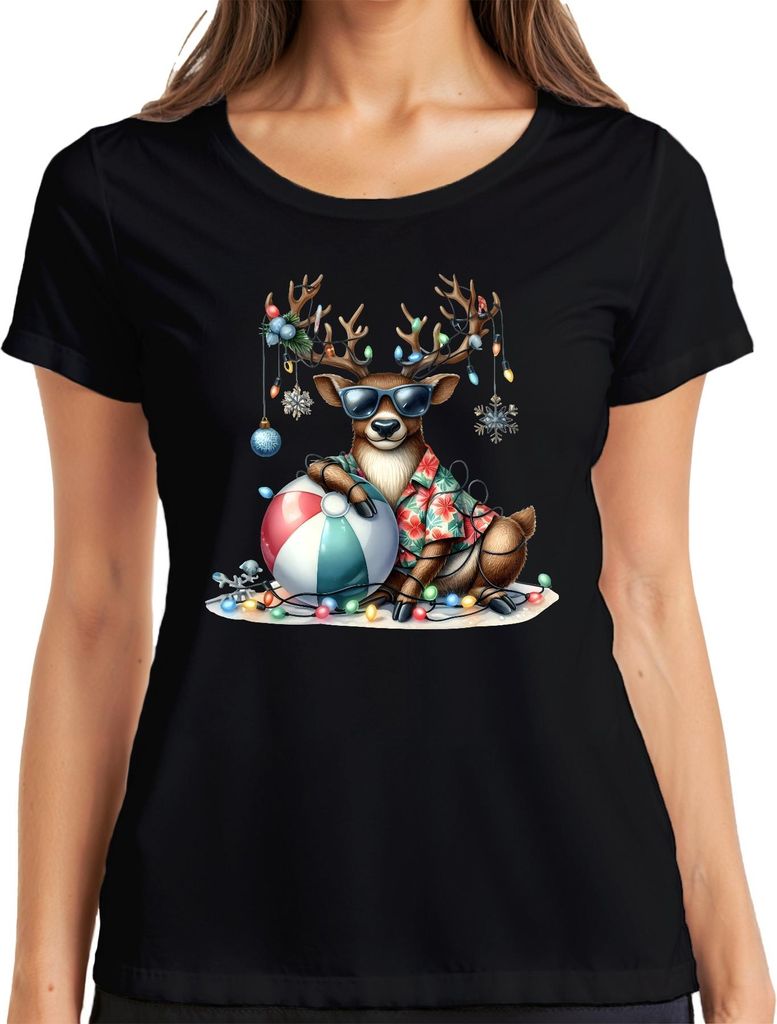 Weihnachtsrentier Sonnenbrille Hawaiihemd Strandball Lichterkette Damen T-Shirt, Schwarz, XL