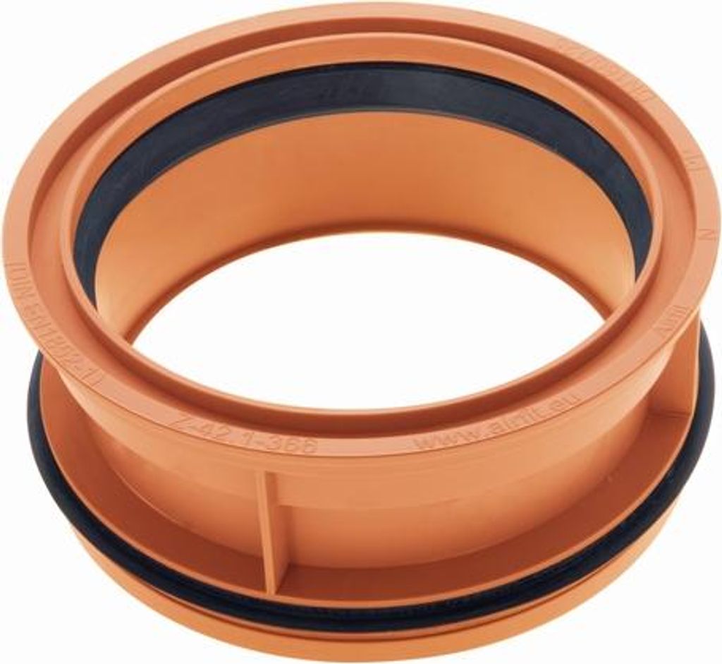 A single orange pipe fitting with a black rubber seal on a white background.