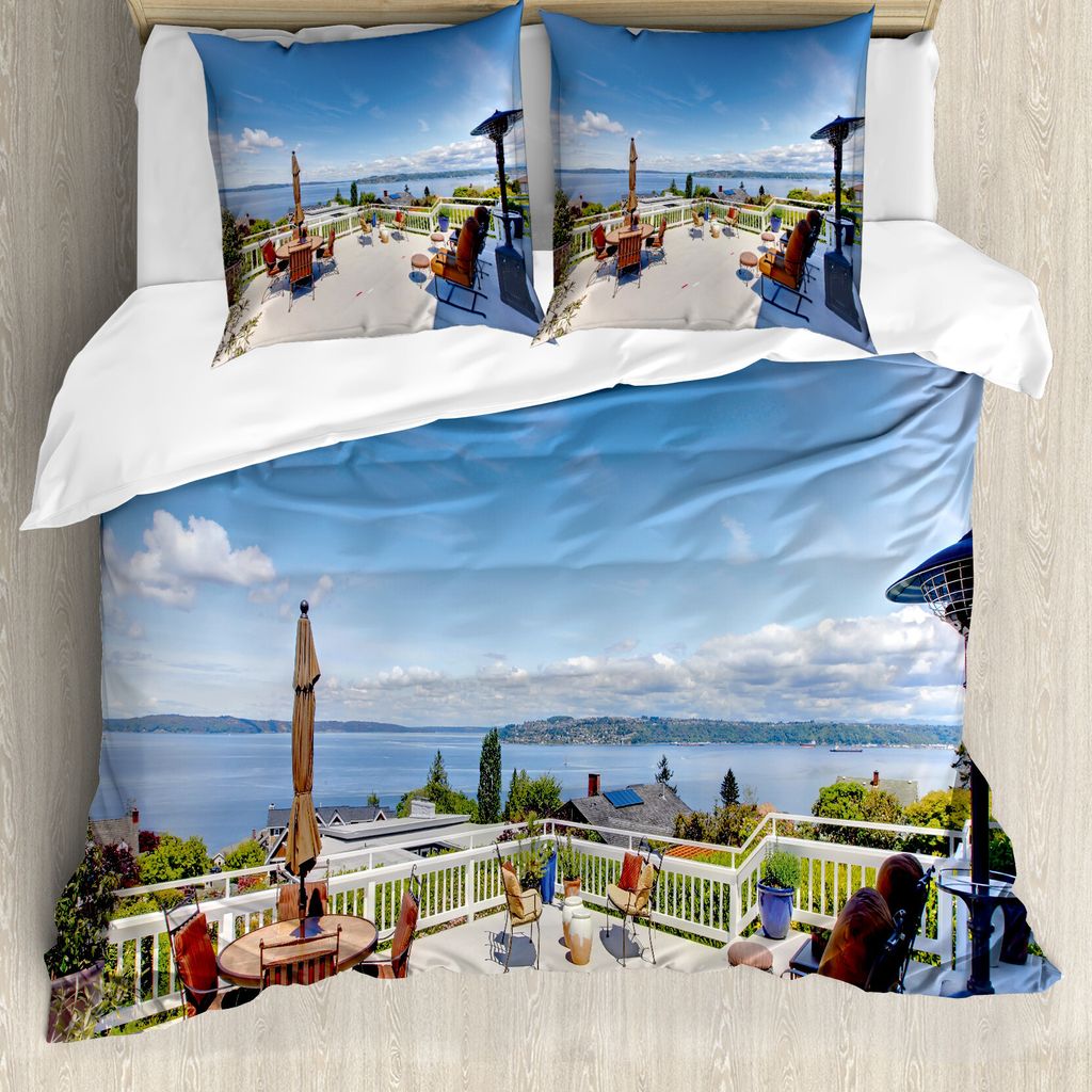 ABAKUHAUS Landschaft Bettbezug, Haus Terrasse Balkon, Milbensicher Allergiker geeignet mit Kissenbezügen, 155 cm x 220 cm - 80 x 80 cm, Mehrfarbig
