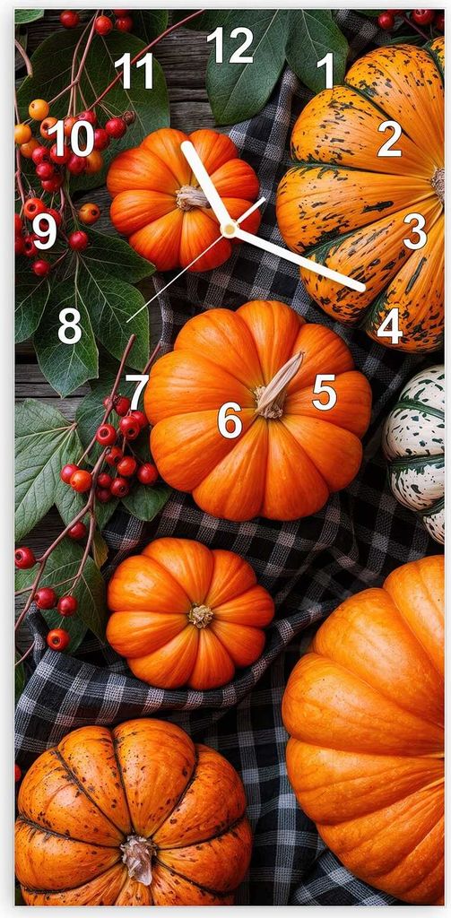 Wanduhr aus Glas mit Motiv Herbstlicher Kürbis- 30 x 60 cm - inkl. Aufhängesystem