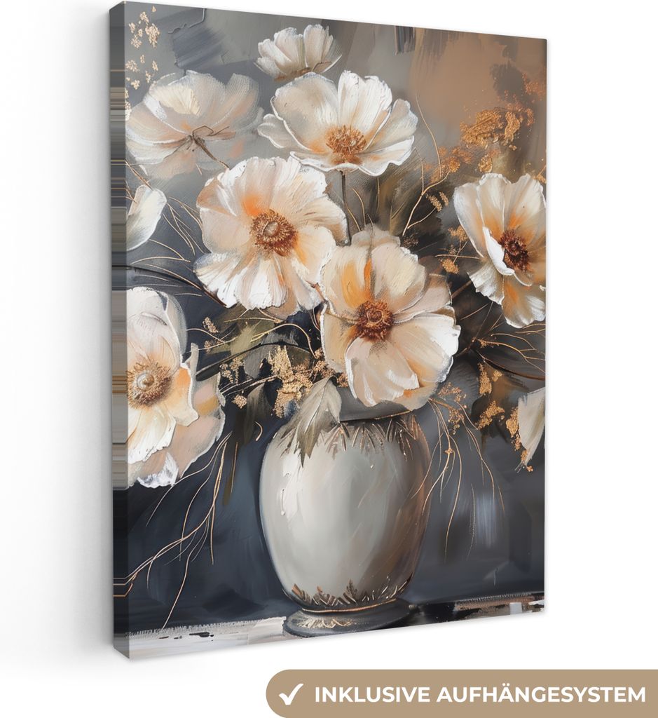 MuchoWow - Leinwandbilder - Blumen - Weiß - Vase - Modern, Wandbild, Wanddeko Bilder Wohnzimmer, 90x120 cm