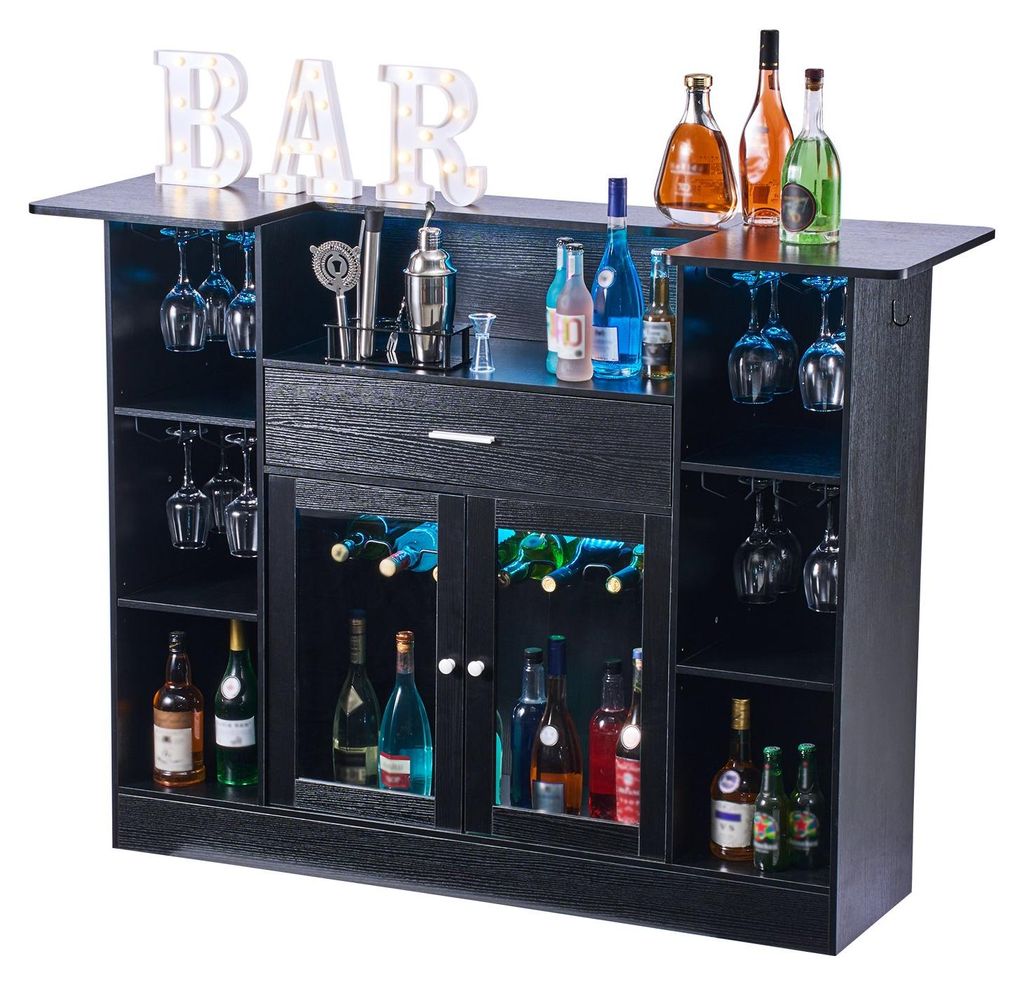 Hausbar Bartheke - Bartresen mit 4 Ebenen - Flaschenablage & Weinglashalter - LED Beleuchtung - Viel Stauraum - Belastbar bis 181 kg - 150 x 46 x 1...