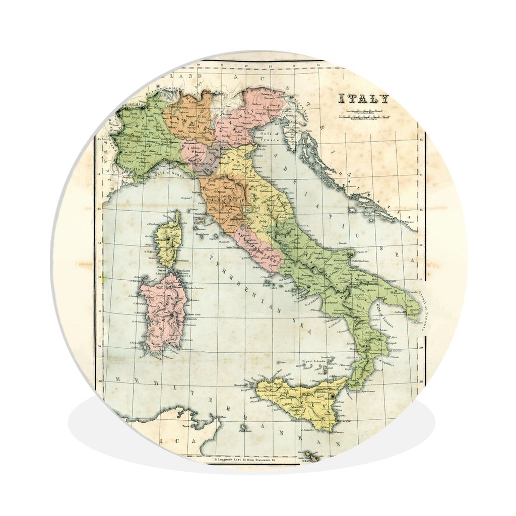 MuchoWow Rundes Wandbild - Runde Bilder Vintage-Karte von Italien Ø 90 cm Kreis Wanddekoration Kunststoff - Wandkreis - Wandschmuck - Wand-Kreis...