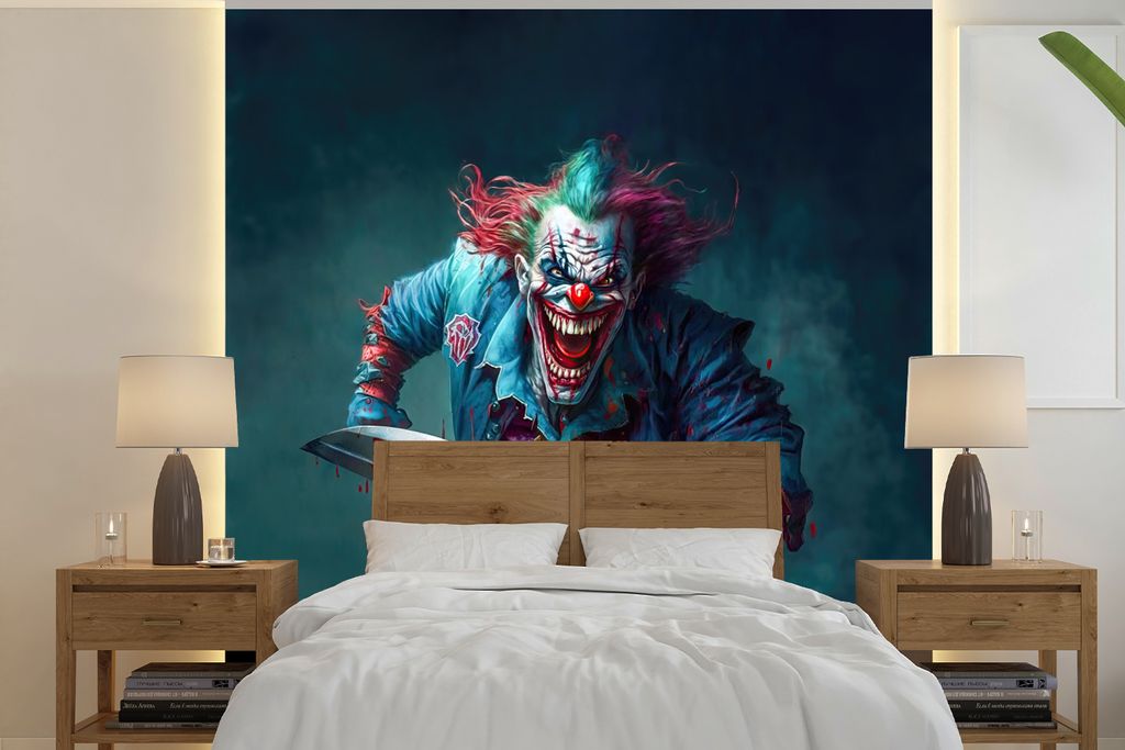 MuchoWow Fototapete für Wohnzimmer oder Schlafzimmer Wandtapete Vinyl Motivtapete Clown - Horror - Messer - Kleidung - Porträt - 300x300 cm - W...