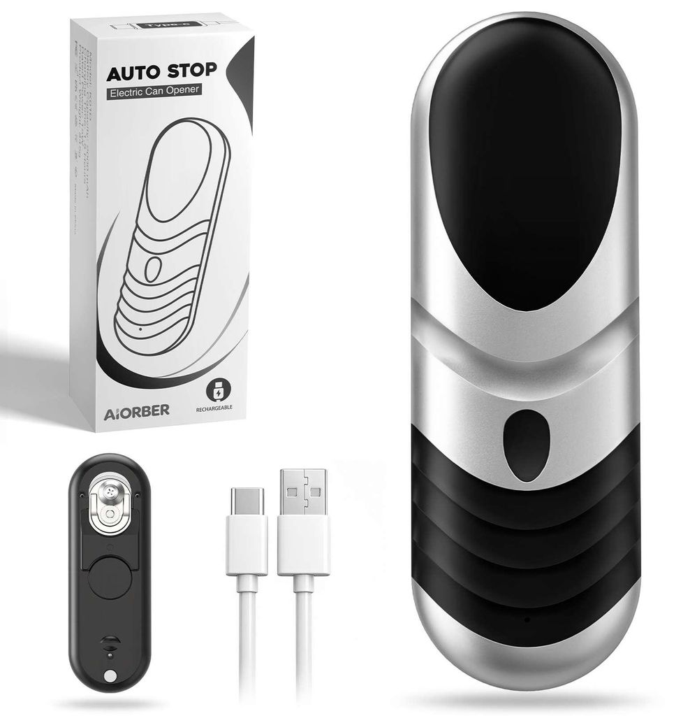 AIORBER Elektrischer Dosenöffner USB-C, One-Touch, Automatikstopp, glatte Kanten, 2000 mAh, für runde, ovale und eckige Dosen, Schwarz-Silber
