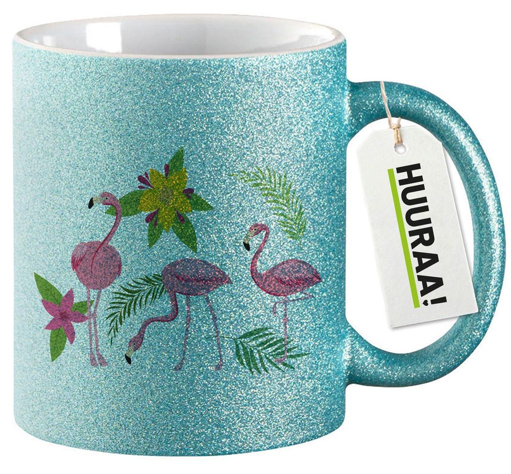 Huuraa Glitzertasse Flamingos Comic 330ml Blau Keramik Kaffeebecher Geschenkidee