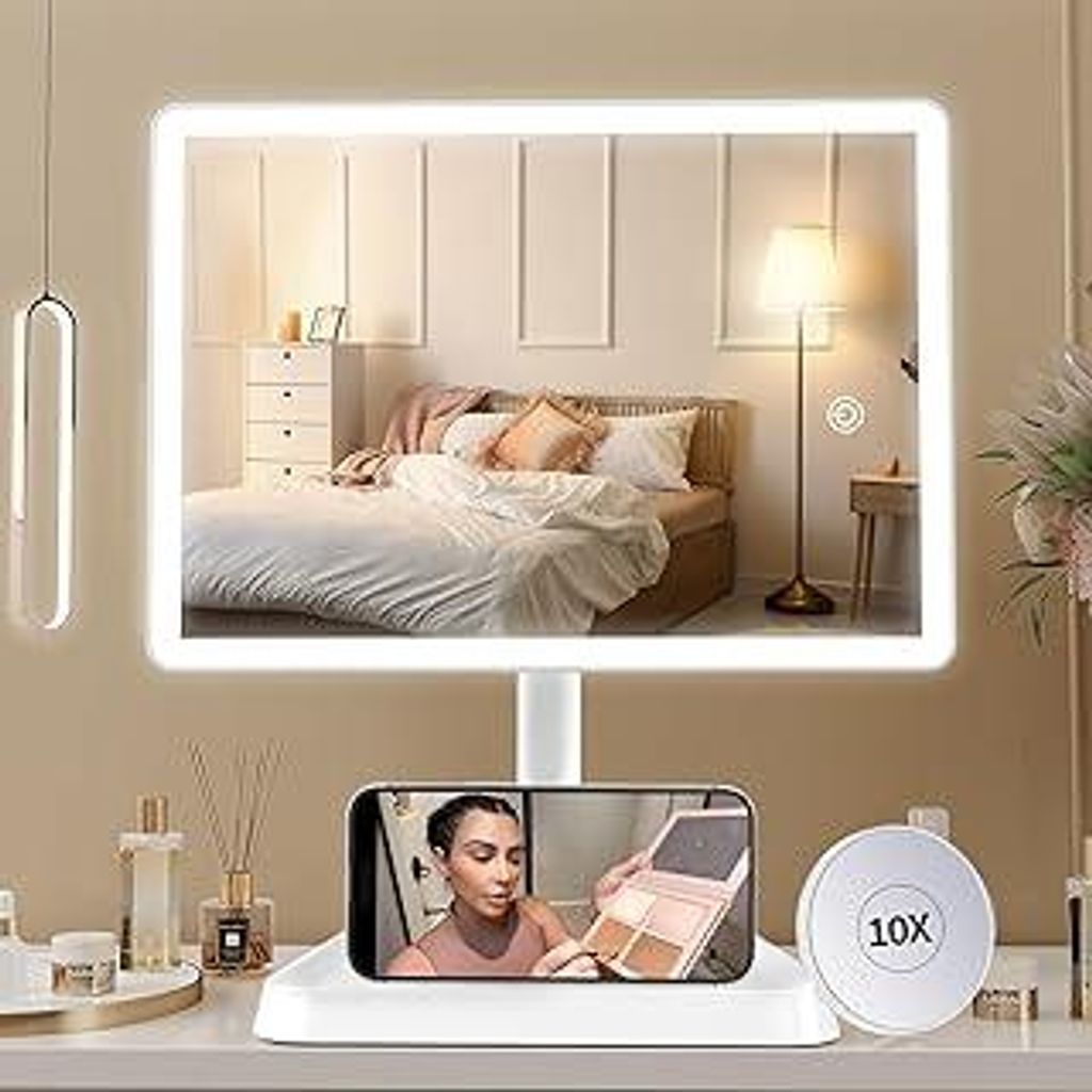 FASCINATE Groß Kosmetikspiegel mit 96 Dimmbar LED- Leuchten, USB Wiederaufladbar Schminkspiegel mit 10-Fache Vergrößerungsspiegel, 360° Drehbar...