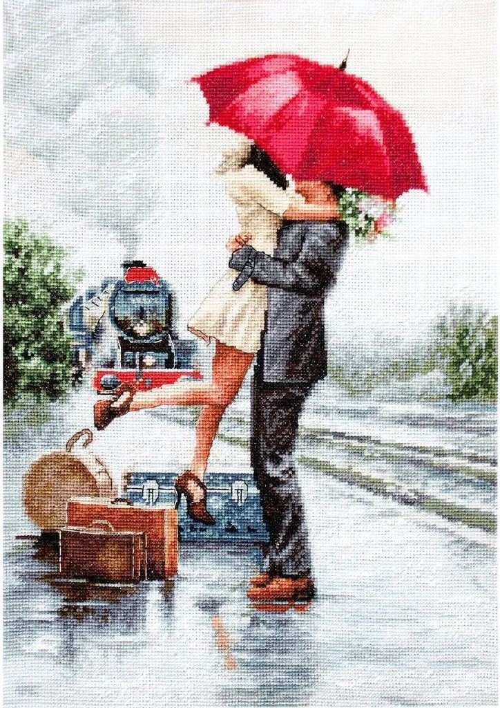 Tableau à broder Luca-S Couple à la gare - Kit DIY décoration vintage