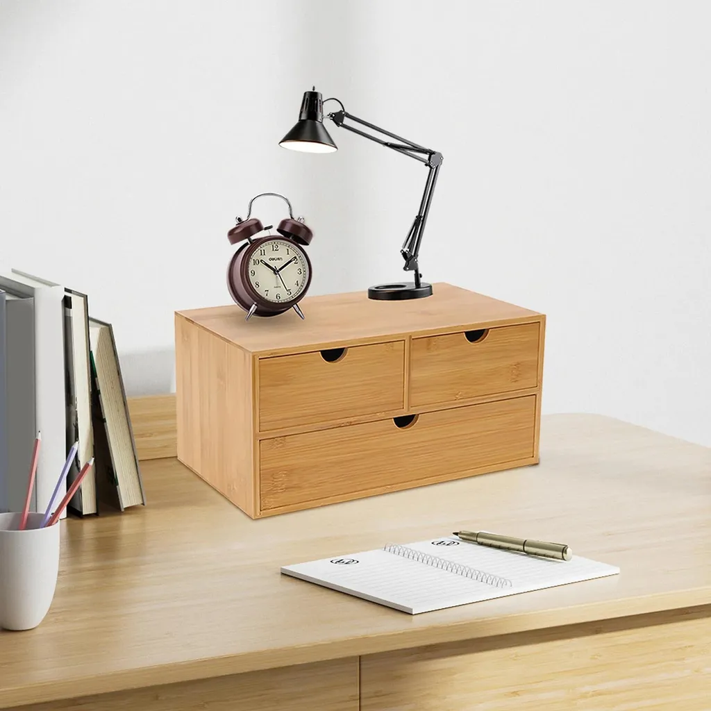 Organisateur de bureau en bambou - Petit meuble de rangement 3 tiroirs - 2