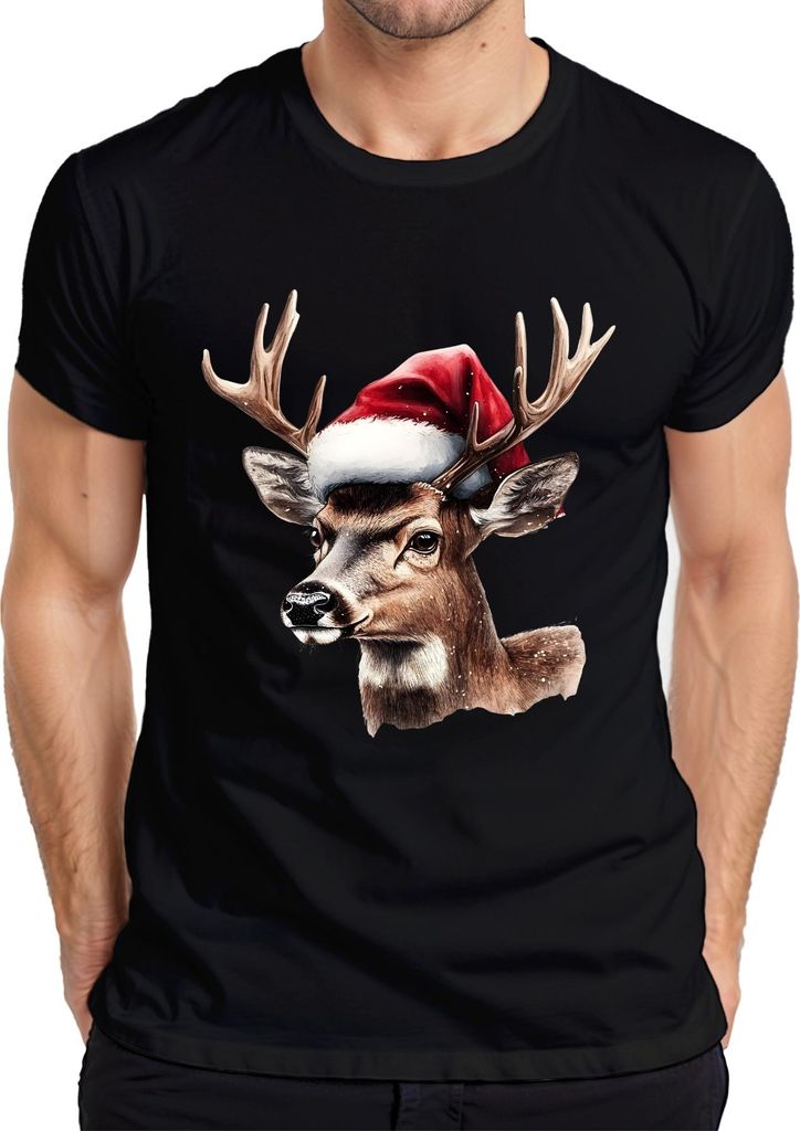 Weihnachtsrentier Hirsch Kopf Aquarell Weihnachtsmann Hut Retro Herren T-Shirt, Schwarz, L