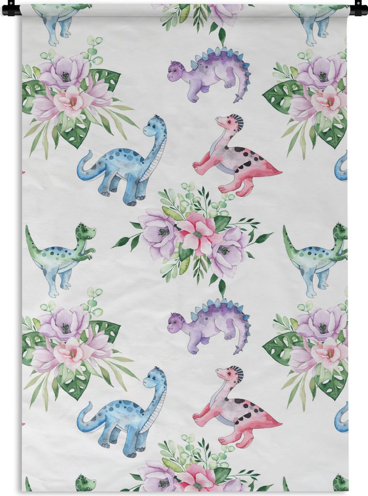 MuchoWow Wandteppich Wandbehang Kinderzimmer - Farben - Dinosaurier - Kinder - Rosa - Kinder 60x90 cm Tapisserie Dekoration Wandtuch - Foto-Teppi...