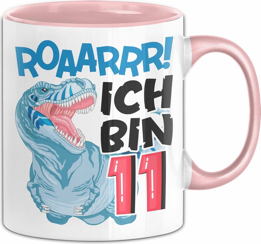 11. Geburtstag Geschenk Tasse Becher Jungs Dino T-Rex Roaarrr Ich Bin 11 (Rosa)