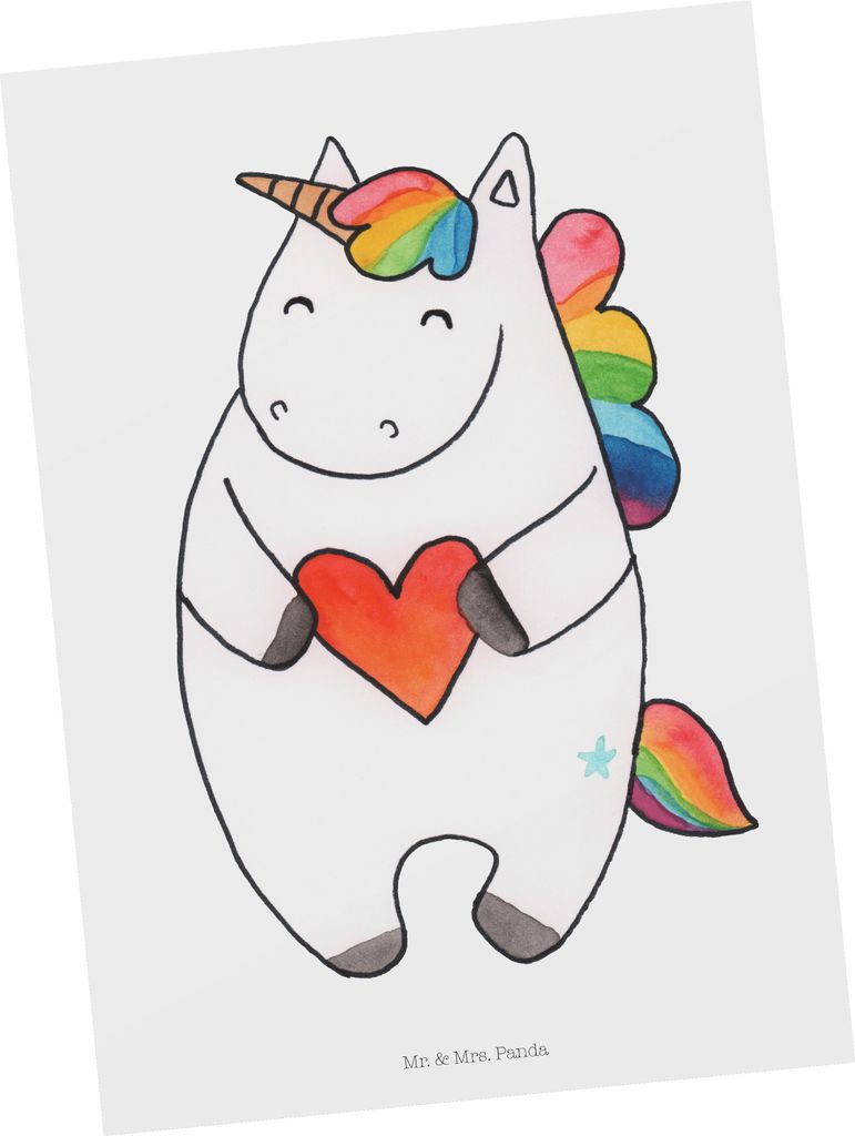 Mr. & Mrs. Panda bildkarte Einhorn Herz - Weiß - Geschenk, Ansichtskarten, Bunt, Grußkarte, Einhörner, Kunstkarten, Postkarte, Postkarten, Lusti...