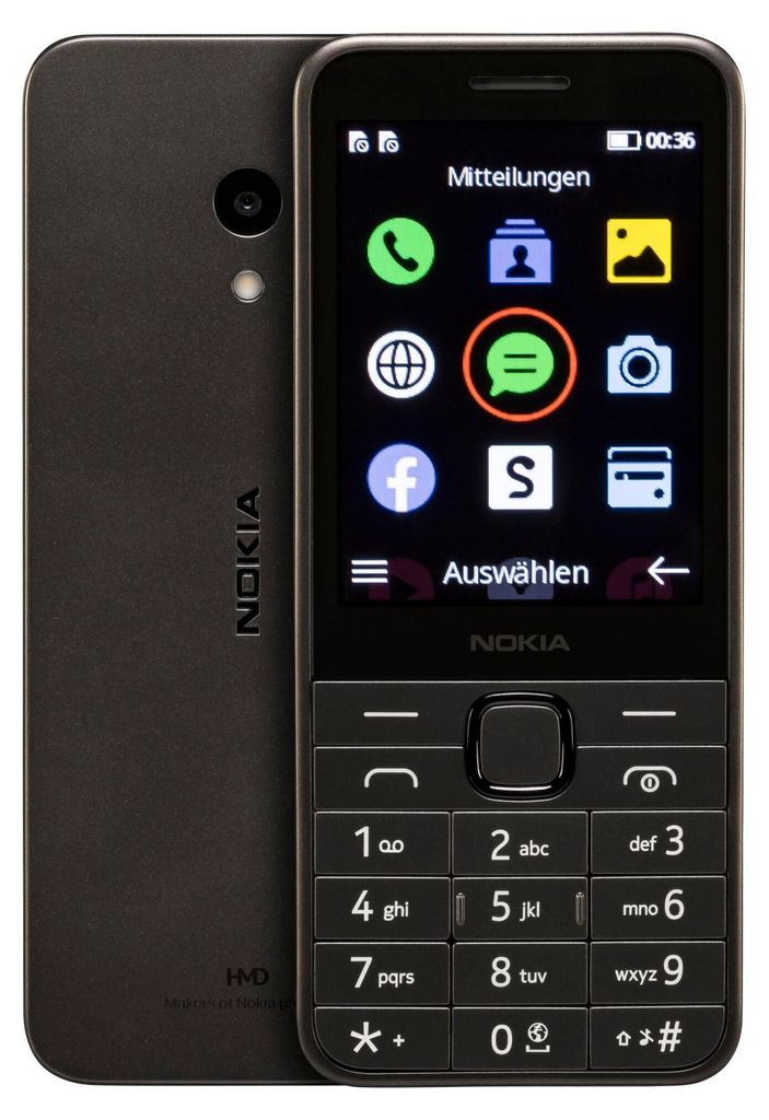 A close-up, front and back view of a black Nokia feature phone.
