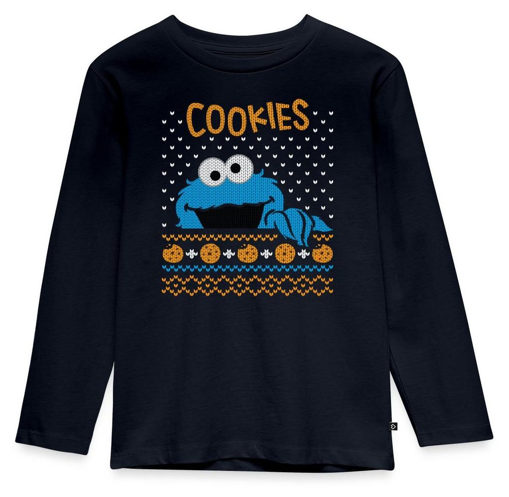 Spreadshirt Sesamstraße Krümelmonster Ugly Xmas Kinder Premium Langarmshirt, 134/140 (8 Jahre), Navy