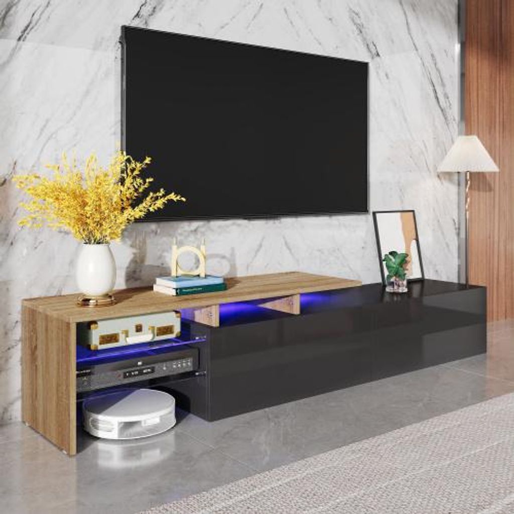 170x33x33,5cm TV Schrank Hochglanz Schwarz Holzoptik Mit Glasboeden LED Beleuchtung Praktischer Stauraum Modern Elegant