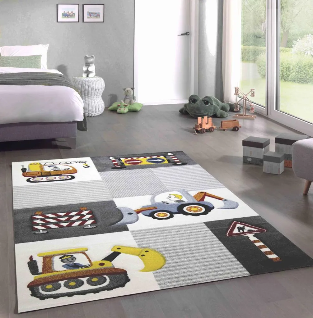 Tapis de jeu chantier enfant 200x290 cm pelleteuse et grue crème et gris
