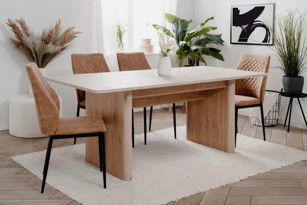 Grande table de repas extensible bois et effet pierre travertin 200cm - 14