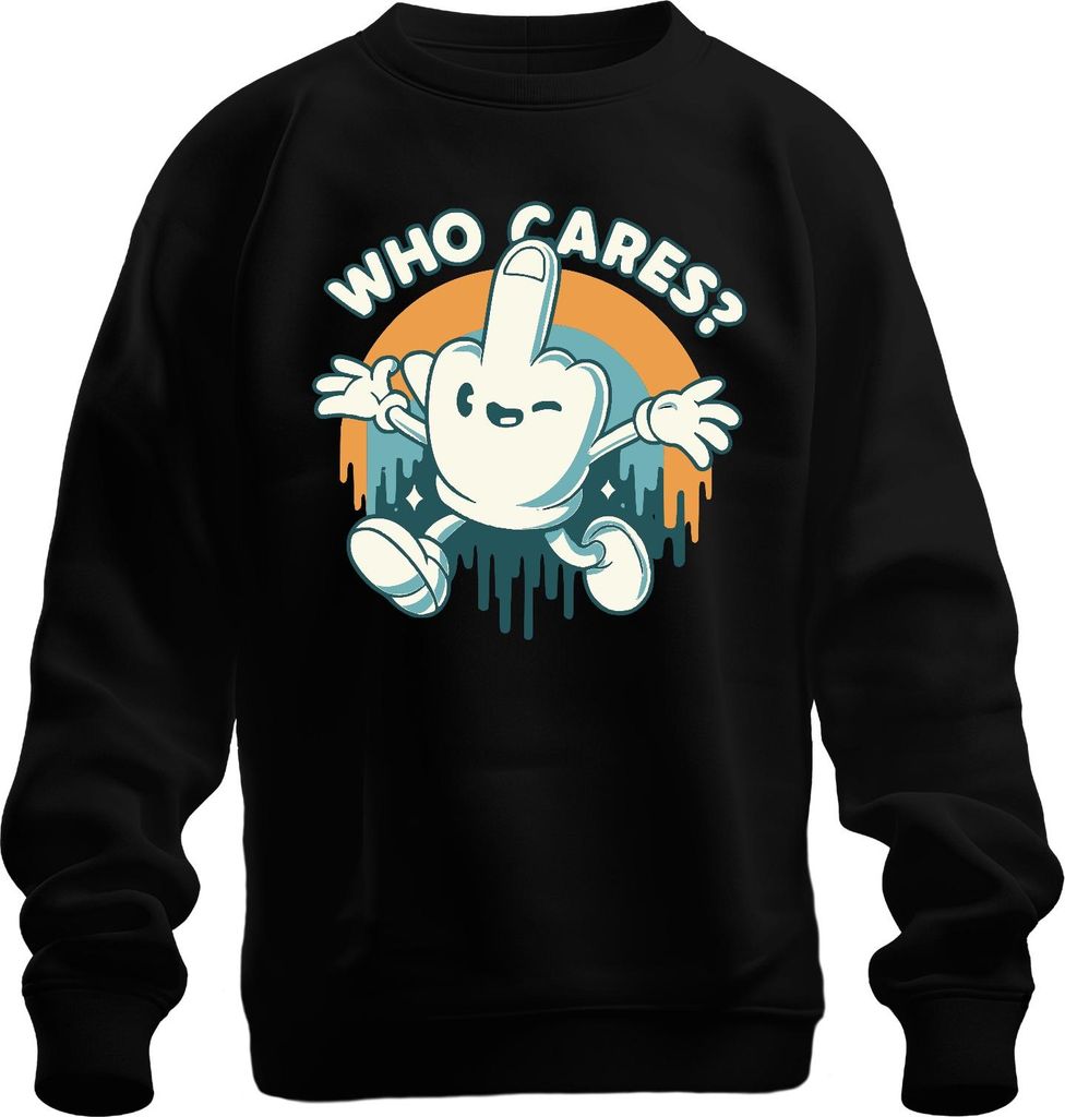 Who Cares Mittelfinger Cartoon frech Retro Vintage 90er Skater Uni Sweatshirt Pullover, Schwarz, S