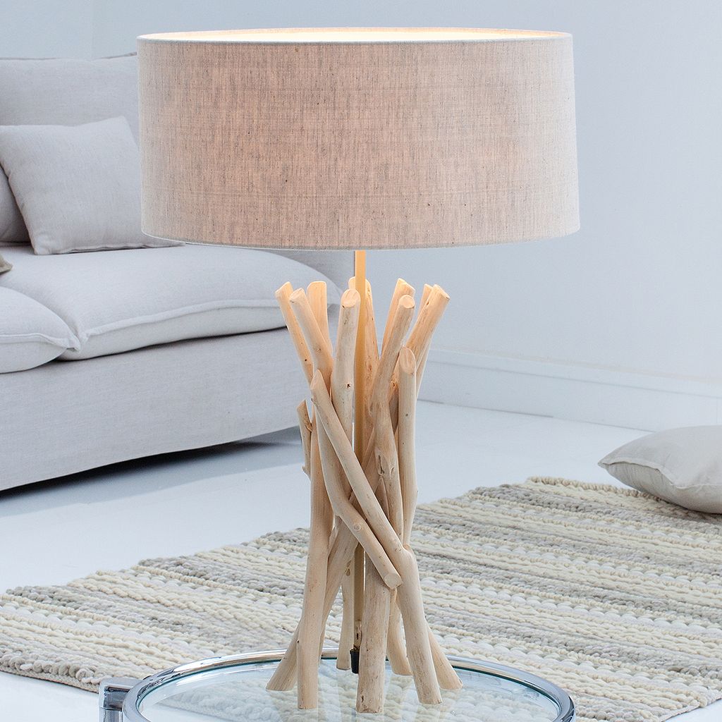riess-ambiente Design Treibholz Tischleuchte WILD NATURE 62cm sand mit Leinenschirm Tischlampe Lampe