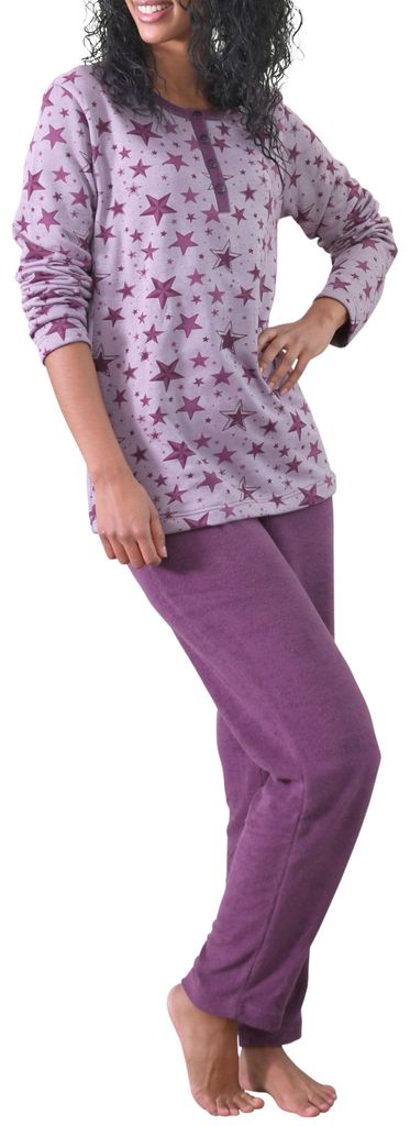 Damen Frottee Pyjama Schlafanzug Sterne als Motiv - auch in Übergrößen bis Gr. 60/62 ; beere , 44