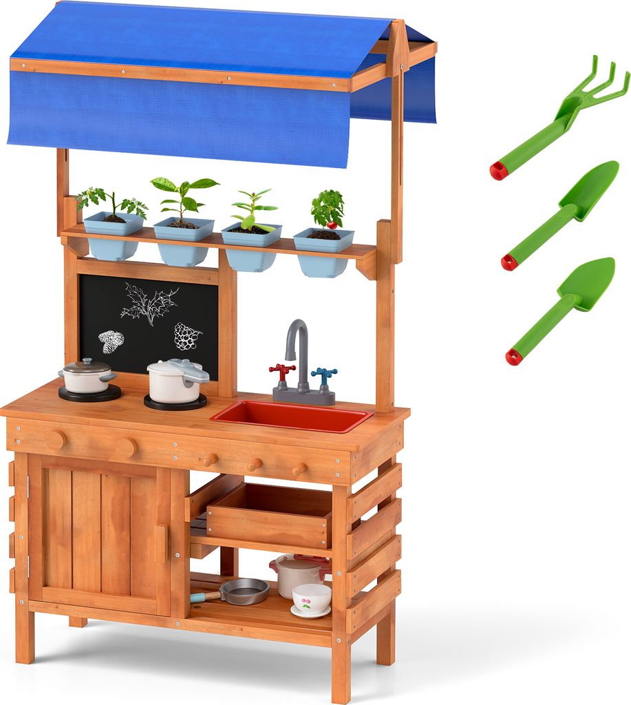 DREAMADE Matschküche aus Holz, Küchenset mit Wasserhahn, Becken, Küchenspielzeug mit 4 Blumentöpfen, realistischem Sound, für Kinder ab 3 Jahren