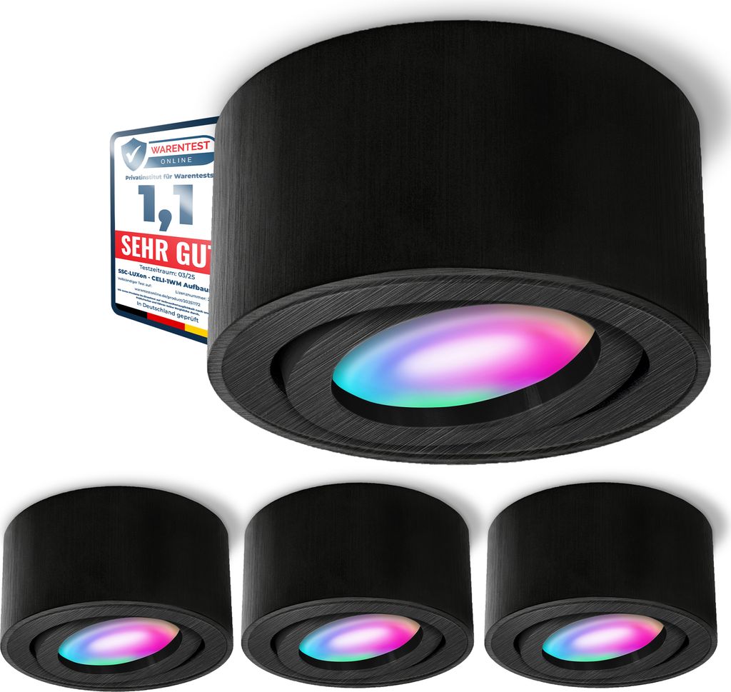 SSC-LUXon 4 Stück CELI-1B Aufbaustrahler schwarz gebürstet schwenkbar mit Smart WiFi RGB+ LED - Deckenleuchte Steuerung per App & Sprache