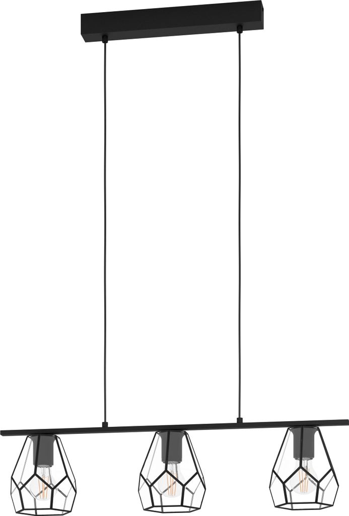 EGLO Pendelleuchte Mardyke, 3 flammige Hängelampe, industrial, Hängeleuchte aus Glas in Klar, Metall in Schwarz, Esstischlampe, Wohnzimmerlampe, E27