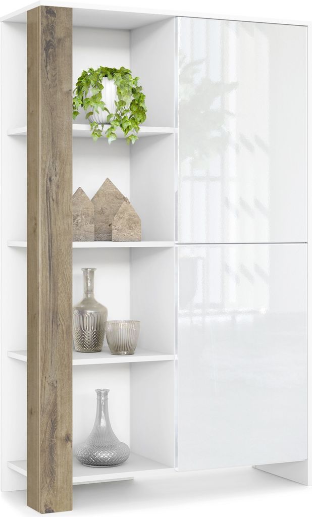 Vladon Highboard Canto, Germany, hoher Schrank mit 2 Türen und 8 Fächern, Korpus Weiß matt, Fronten Weiß Hochglanz, Nachbildung-Paneele Eiche R...