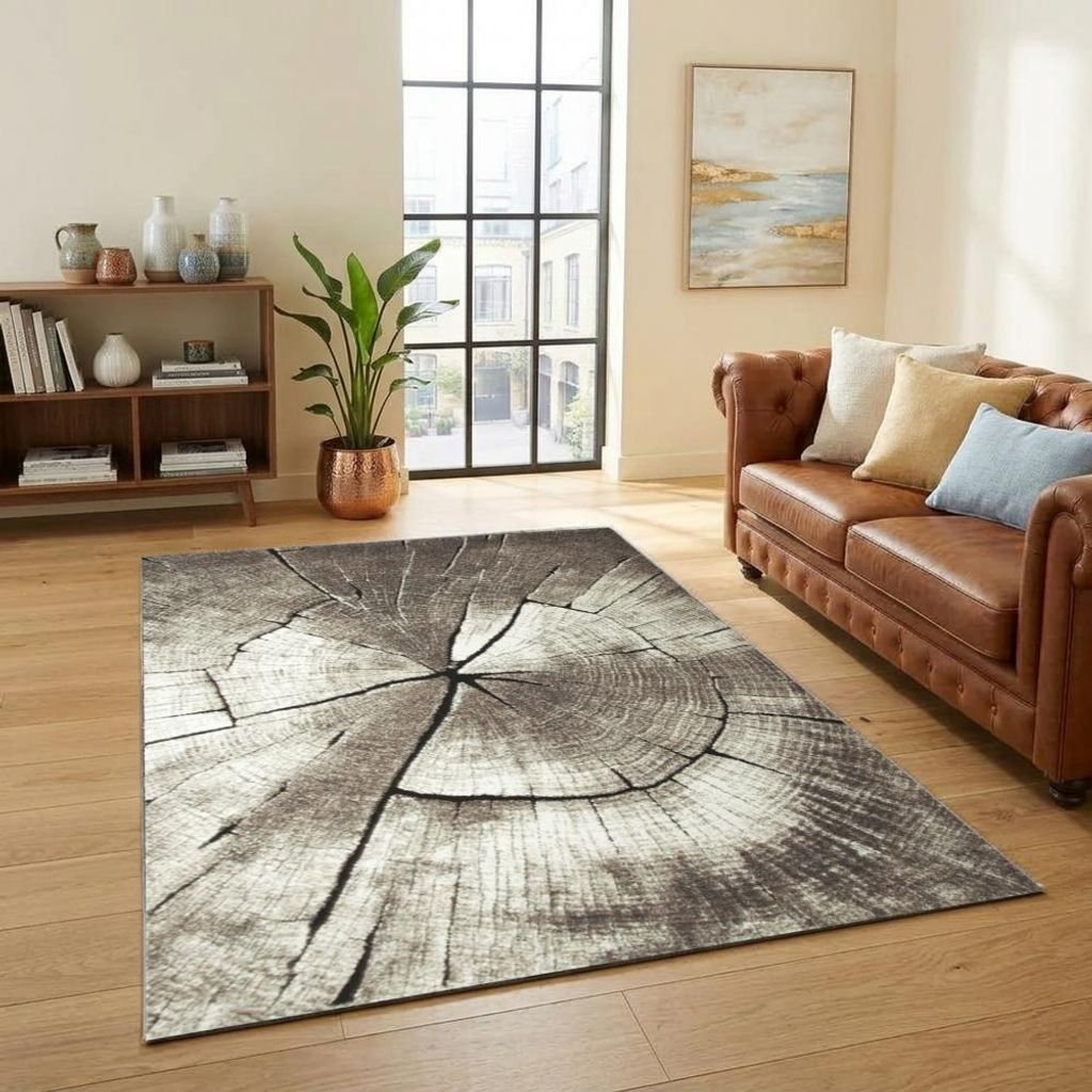 Design Teppich Beige Grau Holzstruktur Kreis modern elegant Wohnbereich Größe - 160 cm Rund