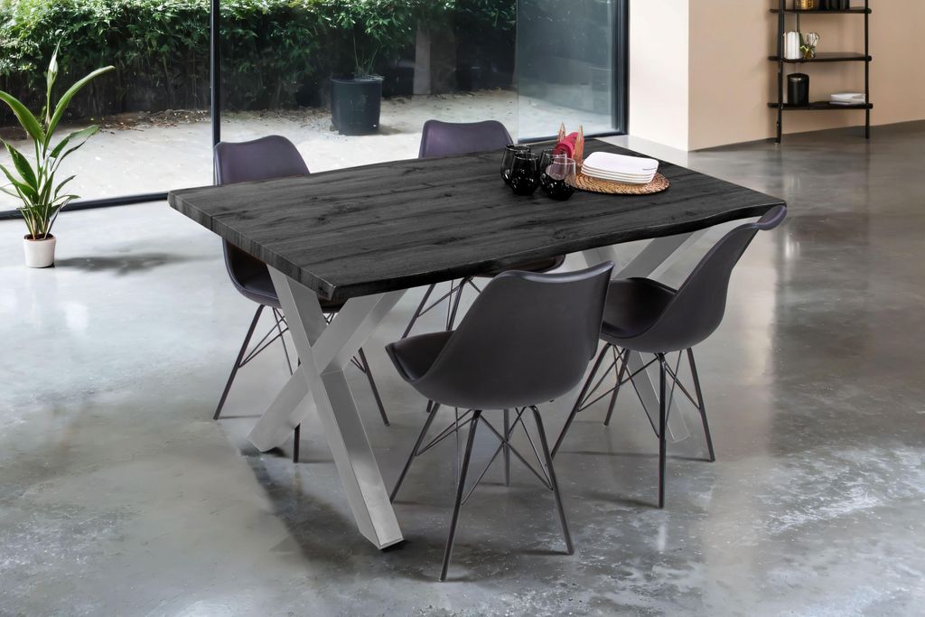 Esstisch Baumkante Holz-Optik Grau 160 x 85 X-Gestell silber JOSY