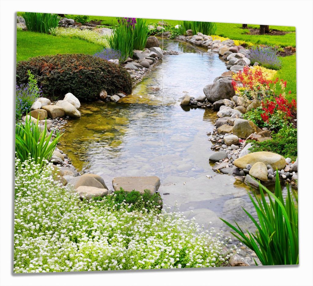 Wallario Herdabdeckplatte aus Glas, Größe 60 x 52 cm 2-teilig, Motiv Blumen am Teich